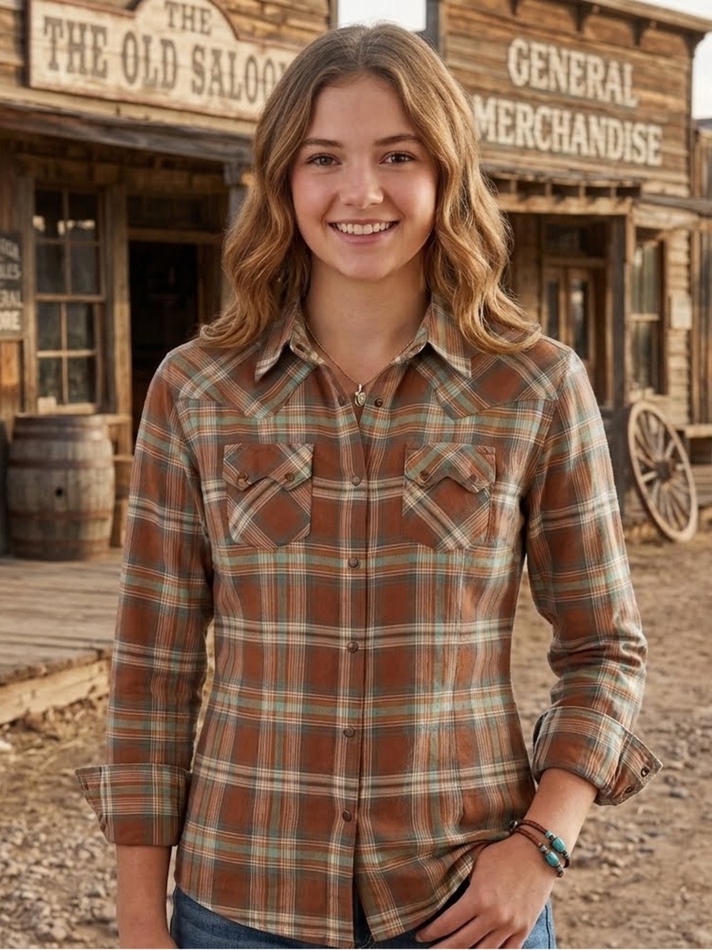 Wrangler Western Ladies Cowgirl Shirt Brown, Turquoise, White Plaid Classic Sz M